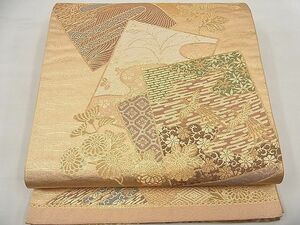 平和屋野田店■六通柄袋帯　色紙吉祥花鳥文　金糸　逸品　BAAC7971ea