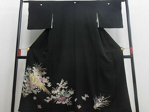 平和屋野田店■豪華黒留袖　金糸刺繍　尾長鳥菊花文　逸品　BAAC6681mz