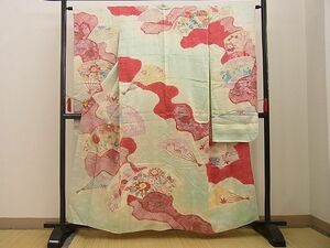 平和屋野田店■豪華振袖　絞り　駒刺繍　扇面道長草花文　金銀彩　逸品　BAAC5497xi