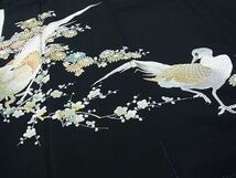 平和屋1■豪華黒留袖　刺繍　尾長鳥枝梅菊文　金銀彩　逸品　CAAC3547hy_画像4