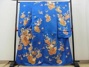 平和屋野田店■豪華振袖　駒刺繍　舞蝶花車文　金彩　金通し地　逸品　BAAC4254fw