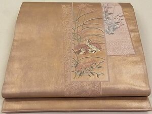 平和屋1◎六通太鼓柄袋帯　唐織　短冊花鳥文　金糸　引箔　逸品　CAAC8478ca