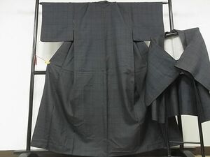 平和屋-こころ店■上質な紬　羽織セット　格子　正絹　逸品　B-zg8623