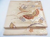 平和屋1◎六通柄袋帯　唐織　雪芝花蝶文　金糸　逸品　CAAC8135nb_画像1