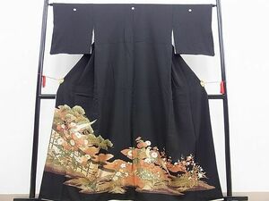 平和屋野田店■豪華黒留袖　尾長鳥菊松花文　金彩　逸品　BAAC6385gt