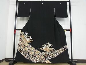 平和屋-こころ店■豪華黒留袖　駒刺繍　飛鶴吉祥文　金彩　着丈158cm　裄丈64cm　正絹　逸品　AAAD0620Bnp