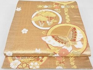 平和屋-こころ店◎六通柄袋帯　唐織　花蝶文　金糸　正絹　逸品　AAAD2175Agk