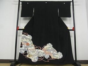 平和屋-こころ店■豪華黒留袖　駒刺繍　地紙花鳥文　正絹　逸品　AAAD4683Bwt