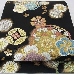 平和屋2■両面六通柄袋帯 宝寿 雪輪花文 QUEEN SIZE REVERSIBLE 黒地 金銀糸 逸品 DAAB9284eeeの画像1