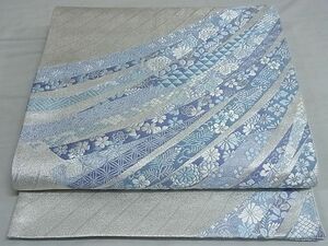 平和屋-こころ店■六通柄袋帯　唐織　藍絹熨斗文　銀糸　正絹　逸品　AAAD3547Asx