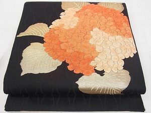 平和屋2◎八寸名古屋帯　草花文　黒地　金糸　逸品　DAAA2275mz