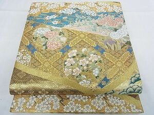 平和屋-こころ店■六通柄袋帯　障壁絵巻草花図　金糸　正絹　逸品　AAAD0577Bnp