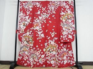 平和屋-こころ店■豪華振袖　駒刺繍　桧扇草花文　金糸　金通し地　正絹　逸品　AAAD5465Bnp