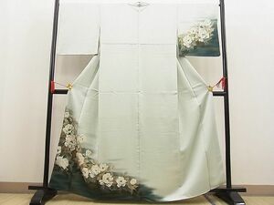 平和屋川間店■訪問着　手描き　牡丹文　暈し染め　銀通し地　逸品　n-ab0347