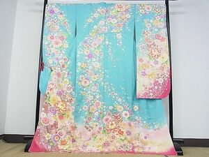 平和屋-こころ店■豪華振袖　刺繍　花毬文　暈し染め　金彩　正絹　逸品　AAAD0639Bnp