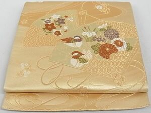 平和屋-こころ店◎六通柄袋帯　唐織　流水扇面花鳥文　金糸　正絹　逸品　AAAD1784Aog