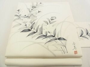 平和屋2◎塩瀬　九寸名古屋帯　作家物　手描き　草花文　逸品　DAAA3484rt