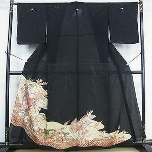 平和屋2■夏物 黒留袖 絽 扇面御所車飛鶴吉祥花文 金彩 洗える着物 DAAC1169wbの画像1