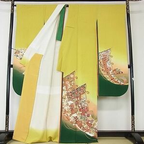 平和屋2■豪華振袖 幾久重袖 舞扇花文 几帳御所車鳳凰文 暈し染め 金銀彩 逸品 DAAB8058psの画像2