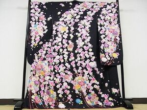  flat peace shop - here . shop # gorgeous long-sleeved kimono embroidery Mai flower writing .. dyeing black metal thread silver through . ground silk excellent article AAAD0241Bzg