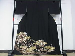 平和屋-こころ店■豪華黒留袖　大名行列　花車文　金彩　正絹　逸品　AAAD8344Atn