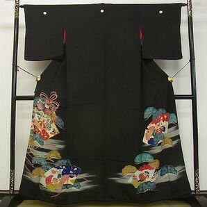 平和屋2■アンティーク 大正ロマン 黒留袖 駒刺繍 宝尽くし吉祥松文 金彩 散歩着 逸品 DAAB1225jmの画像1