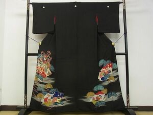 平和屋2■アンティーク　大正ロマン　黒留袖　駒刺繍　宝尽くし吉祥松文　金彩　散歩着　逸品　DAAB1225jm