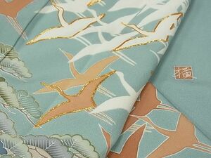 平和屋-こころ店■染匠　久保耕　色留袖　駒刺繍　群鶴松文　金彩　正絹　逸品　AAAD6796Bwt