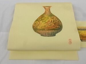 平和屋-こころ店◎塩瀬　九寸名古屋帯　作家物　手描き　陶器文　正絹　逸品　AAAD1631Bfw