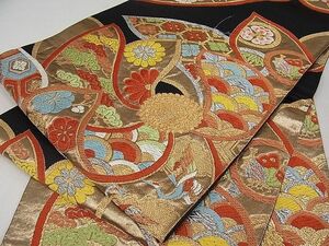 平和屋川間店■六通柄袋帯　吉祥花文　黒地　金銀糸　逸品　we1938