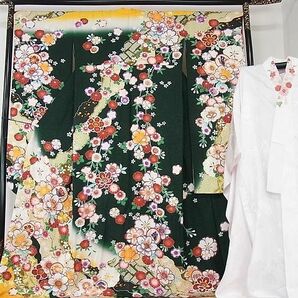 平和屋2■極上 振袖 長襦袢(無双仕立て・半衿刺繍)セット 駒刺繍 枝垂れ桜 舞蝶花丸文 暈し染 金彩 銀通し地 逸品 DAAB8224psの画像1