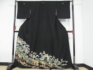 平和屋-こころ店■豪華黒留袖　駒刺繍　飛鶴松文　金彩　正絹　逸品　AAAD7346Acs