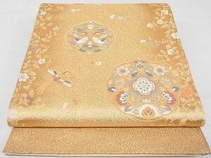 平和屋-こころ店◎六通柄袋帯　唐織　双鳥花丸文　金糸　正絹　逸品　未使用　AAAD2125Agk