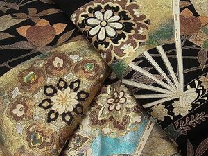  flat peace shop 1# gorgeous kurotomesode mother-of-pearl fan paper . flower .. writing .. dyeing gold paint excellent article CAAC2890ua