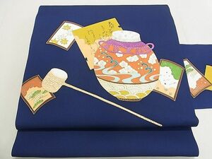 平和屋2◎塩瀬　九寸名古屋帯　手描き　陶器流水花文　金彩　逸品　DAAA3586rt