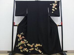 平和屋野田店■訪問着　蔦の葉文　黒地　金銀彩　逸品　BAAD0708kg