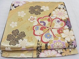 平和屋野田店■六通柄袋帯　唐織　桜散らし唐草文　黒地　金糸　逸品　BAAC7055mz