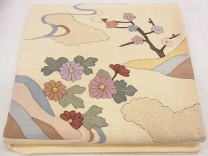 平和屋1■太鼓柄袋帯　明綴れ　流水草花文　金糸　逸品　CAAC6566eg