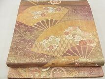 平和屋野田店◎六通柄袋帯　唐織　扇面吉祥花蝶文　金糸　逸品　BAAC6620ea_画像1