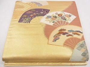 平和屋1◎六通太鼓柄袋帯　唐織　扇面草花文　沈金箔　逸品　CAAC4969eg