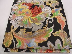 平和屋1◎六通柄袋帯　花唐草文　黒地　金銀糸　逸品　CAAC4961eg