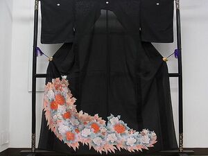  flat peace shop 1# summer thing kurotomesode ... silver .... kimono unused CAAC4419ch