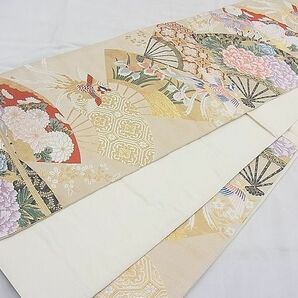 平和屋野田店■六通柄袋帯 唐織 鳳凰扇面牡丹花文 本金箔 逸品 BAAC9972mzの画像6