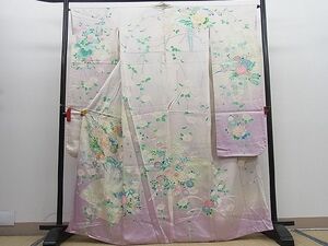  flat peace shop Noda shop # gorgeous long-sleeved kimono piece embroidery ... flower writing .. dyeing gold paint excellent article BAAD0540mz