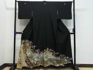 平和屋1■豪華黒留袖　駒刺繍　束ね熨斗御所車花文　暈し染め　金銀彩　逸品　CAAB3437gh