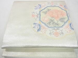 平和屋2◎中国三大刺繍　相良刺繍　九寸開き名古屋帯　花絵皿文　銀糸　逸品　DAAA6498ya