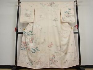 平和屋川間店■訪問着　刺繍　松竹梅流水花文　銀彩　着丈156.5cm　裄丈63cm　正絹　逸品　A-br4676