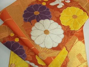 平和屋川間店■六通柄袋帯　唐織　扇面菊文　金糸　逸品　cm2576