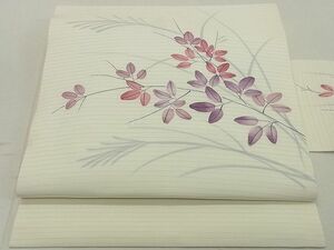 平和屋2■夏物　絽塩瀬　九寸名古屋帯　手描き　草葉文　正絹　逸品　DAAA0928ea