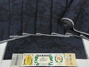 平和屋-こころ店■結城紬　反物　着尺　風景草花文　正絹　逸品　未使用　AAAE7688Auw